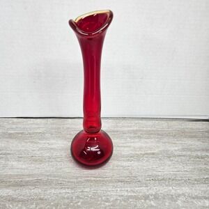 Vintage Ruby Red Swung Glass Vase Flared Top Round Base Home Decor Accent